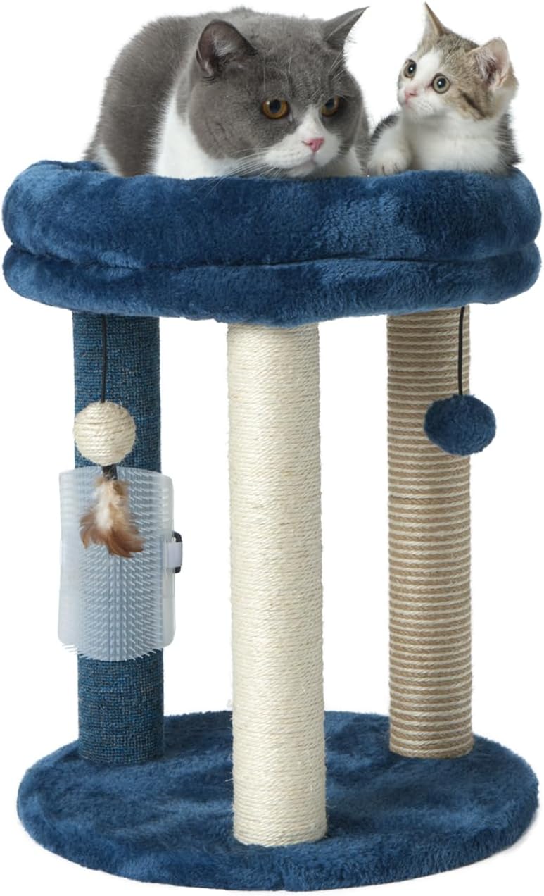 MECOOL Cat Scratching Post Tree with Tower Soft Bed.Natural Quality Sisal Carpet Jute Scratch Posts with Three Hanging Ball Toys and Massage Brush for Indoor Cats and Kittens Blue - Image 1